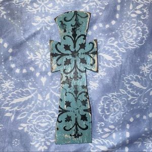Turquoise and Black Distressed Painted Cross